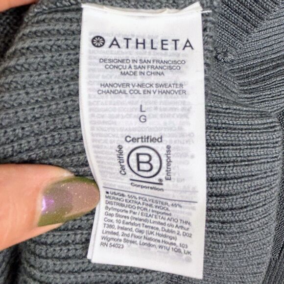 ATHLETA Hanover V Neck Sweater Knit Pullover Merino Wool Long Sleeves Gray sz L - Picture 14 of 15